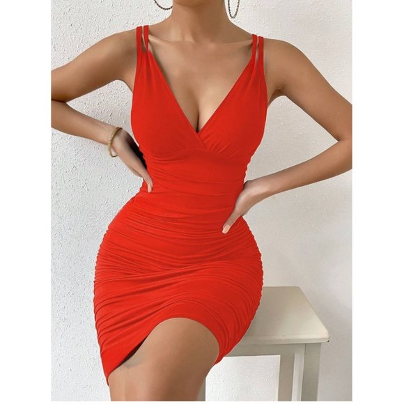 Red Ruched Bodycon Dress - Picture 3 of 5